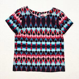 J.Crew Geometric Print Top XS Short Sleeve Lightweight Colorful Retro Blouse